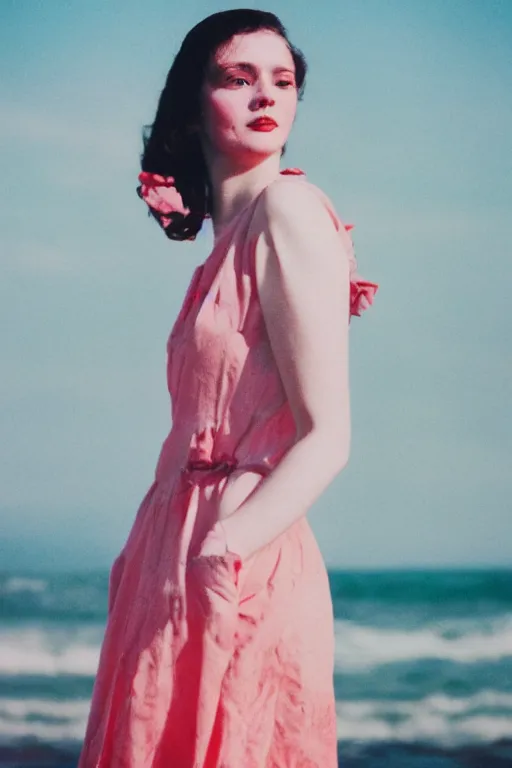 Prompt: vintage aged analog portrait of a beautiful pale young woman, the ocean visible in the background, pink tones, red color bleed, sunshine, film grain
