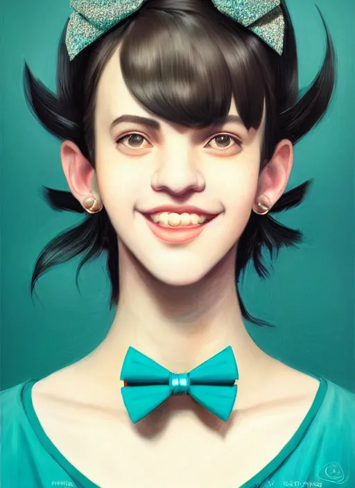 Image similar to portrait of high school girl, realistic, black hair, bangs, half updo hairstyle, pointy nose, skinny, smile, ugly, defined jawline, big chin, teal hair bow, earrings, intricate, elegant, glowing lights, highly detailed, digital painting, artstation, sharp focus, illustration, art by wlop, mars ravelo and greg rutkowski