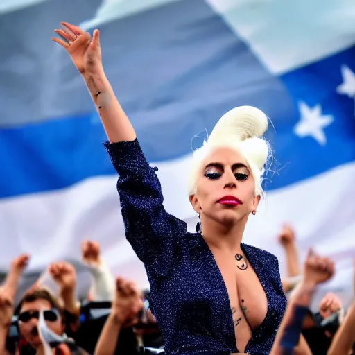 Image similar to Lady Gaga as president, Argentina presidential rally, Argentine flags behind, bokeh, giving a speech, detailed face, Argentina