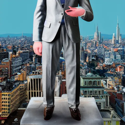 Prompt: a giant caucasian man dressed very elegantly standing on a miniature city