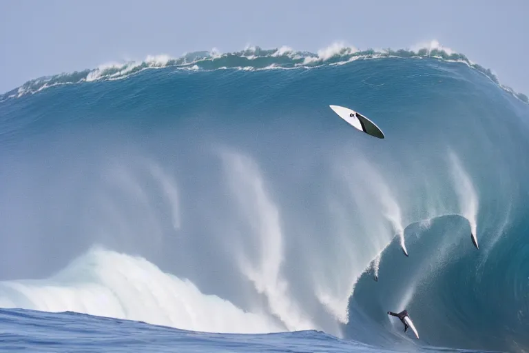 Prompt: photography of a gigantic white whale surfing and jumping a wave at nazare