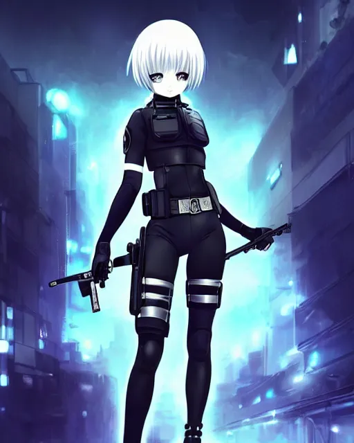 Prompt: 2 b, anime key visual of a young female swat officer, neon, cyberpunk, futuristic, white outfit, black swat vest, swat helmet, holding pdw, stunning, highly detailed, digital painting, smooth, soft focus, illustration, poster, japanese typography, digital art from artstation by artgerm and greg rutkowski and alphonse mucha