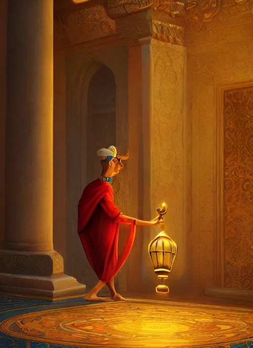 Image similar to genie coming out of his lamp in the middle of a palace . by AquaSixio, hyperrealistic illustration, digital art, 4k, very detailed faces