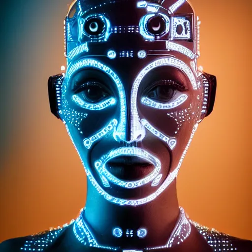 Prompt: beautiful centered Fine art photo portrait of sad Olivia Rodrigo as a solarpunk robotic humanoid, white mechanical parts with led lights, photorealistic, white background, highly detailed and intricate, sunset lighting, HDR 8k