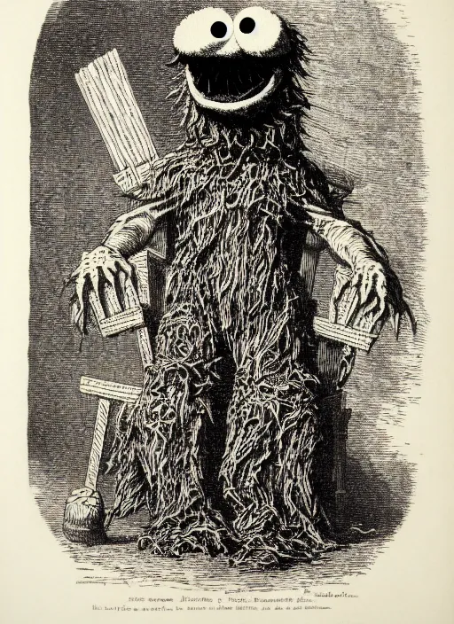 Prompt: cookie monster sits on a throne made of cookies, demon from the dictionarre infernal, etching by louis le breton, 1 8 6 9, 1 2 0 0 dpi scan, ultrasharp detail, clean scan