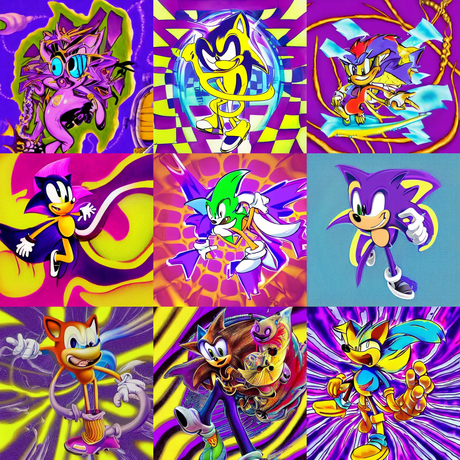 Prompt: surreal, faded, totally radical detailed professional, high quality airbrush art MGMT album cover of a liquid dissolving LSD DMT sonic the hedgehog on a flat purple checkerboard plane in the style of John Kricfalusi, 1990s 1992 prerendered graphics raytraced phong shaded album cover