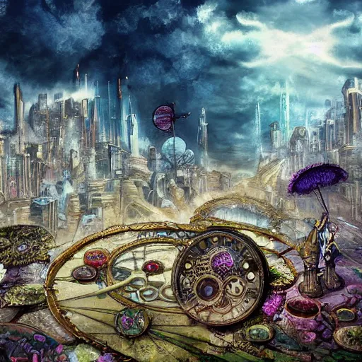 Prompt: city in a giant ring of petals, steampunk, fantasy art, sky in the background, detailed, behrens style