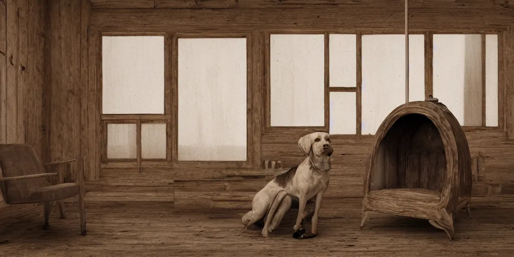 Image similar to dog armchair in an empty wooden cabin, by h. r. giger, soft natural volumetric lighting, beautifully detailed 4 k octane render, 4 k post processing