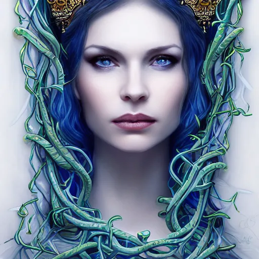 Image similar to detailed portrait of the queen of snakes, realism, pale blue, emerald, sapphire, wearing a crown of vines, nest of vipers, dark fantasy, dim moonlight, dramatic lighting, cgsociety, artstation