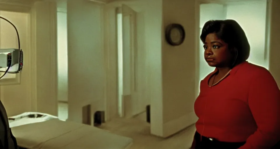 Image similar to cinematic shot from a 1 9 8 5 thriller, a octavia spencer implants device in joe manchin's ear, fancy apartment, film directed by stanley kubrick, color theory, leading lines, photorealistic, volumetric lighting