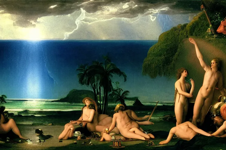 Prompt: The Ritual of the sacred elixir, refracted sparkles, thunderstorm, beach and Tropical vegetation on the background major arcana sky and symbols, by paul delaroche, hyperrealistic 4k uhd, award-winning, very detailed paradise