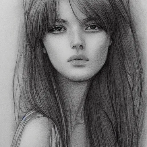 Prompt: pencil sketch, portrait, beautiful, thin lips, thin face, long wavy hair