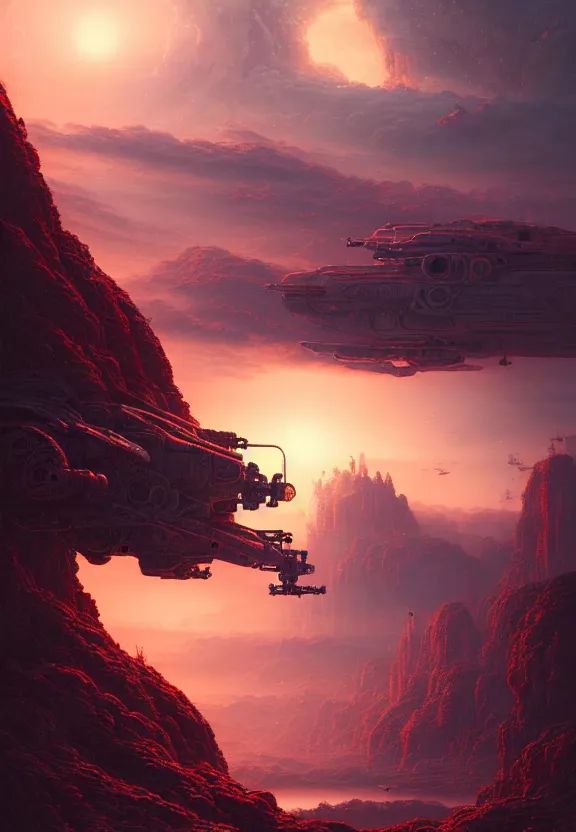 Image similar to ultra realist intricate detailed landscape painting of an alien world, red sky with mech buildings and cyborg tech, symmetry accurate features, very intricate details, bokeh focus, 8k render, artstyle Hiraku Tanaka and Tom Bagshaw, award winning