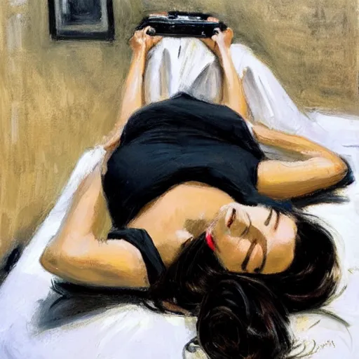 Image similar to Ground Level Shot, long shot of a beautiful dark haired woman wearing a black dress, laying on her back on a bed, holding old telephone hand peice with twisted cable by fabian perez