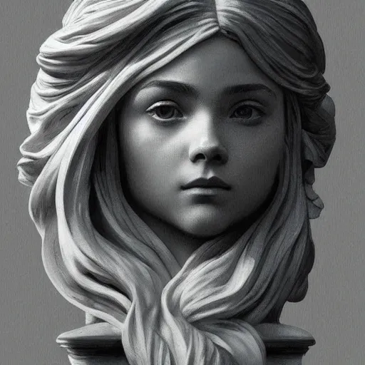Image similar to beautiful lifelike award winning marble statue bust artistic chloe grace moretz trending on art station artgerm greg rutkowski alphonse mucha museum quality cinematic atmospheric