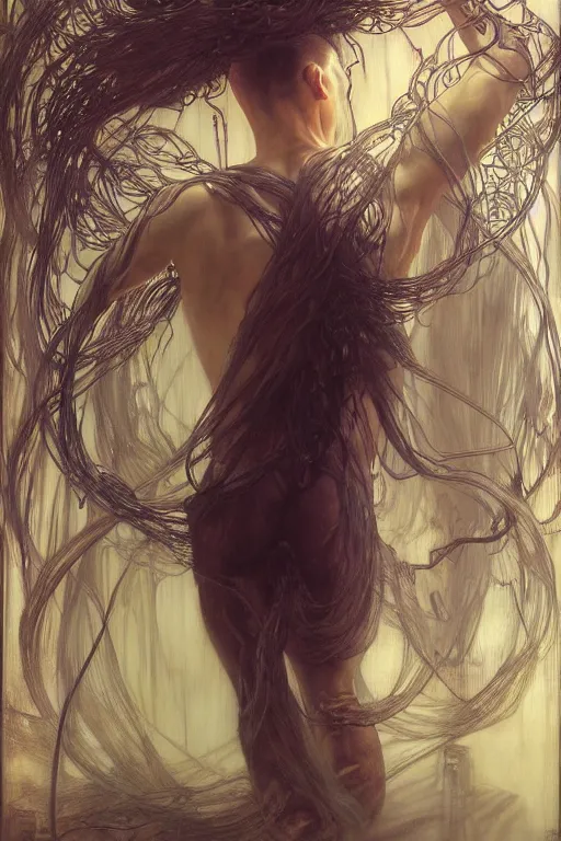 Prompt: hyperrealist portrait of the back of an attractive angelic asian man, it is decorated with long wires that fall like vines and wears small computers over their body. by jeremy mann and alphonse mucha, fantasy art, photo realistic, dynamic lighting, artstation, poster, volumetric lighting, very detailed faces, 4 k, award winning