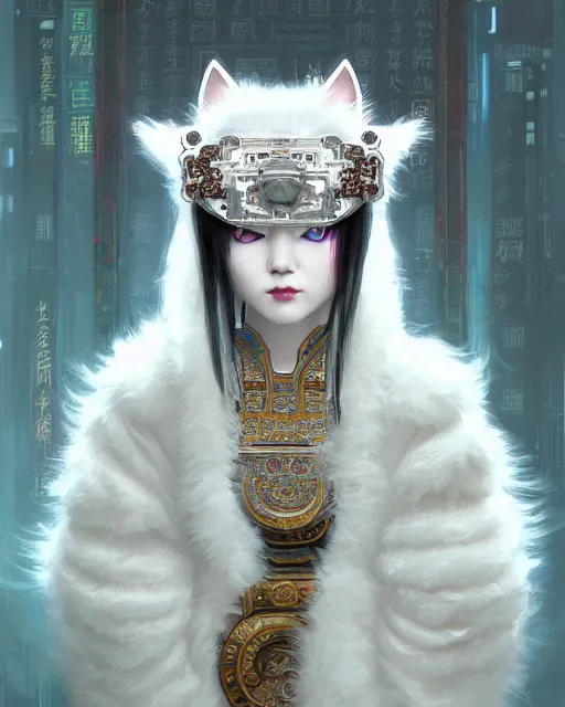 Image similar to portrait of a fluffy white cat cyberpunk machine, machine face, robed, upper half portrait, decorated with chinese opera motifs regal asian machine robot cyberpunk fine china, wuxia, traditional chinese art intricate intense elegant highly detailed digital painting artstation concept art smooth sharp focus illustration, art by artgerm and greg rutkowski alphonse mucha 8 k