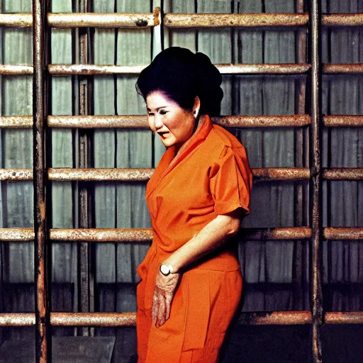 Prompt: imelda marcos in jail, behind bars, wearing an orange jumpsuit, dirty jail cell, award winning photograph by steve mccurry