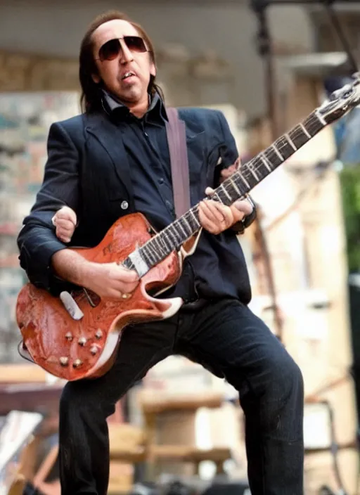 Image similar to nicolas cage, playing guitar while standing on a table