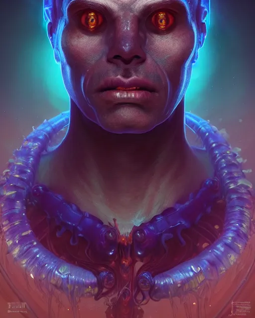 Image similar to portrait of a creepy bioluminescent monster, male, slightly asymmetrical, highly detailed, digital painting, cinematic lighting, hyperrealism, dark retrowave, art by stanley lau and artgerm and magali villeneuve and alphonse mucha, artstation hd, octane render, cgsociety