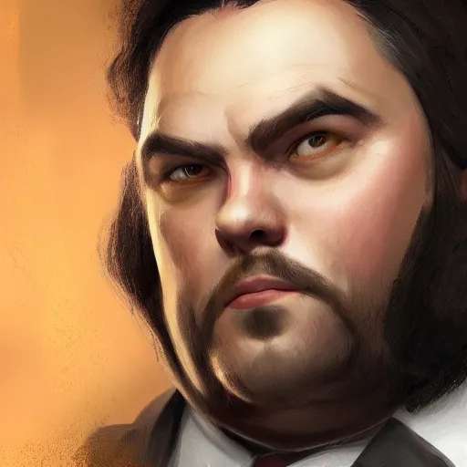 Prompt: a portrait of a short fat man with long curly black hair and a brown suit, D&D, sci-fi, elegant, hopeful, muscular, highly detailed, digital painting, artstation, concept art, smooth, sharp focus, illustration