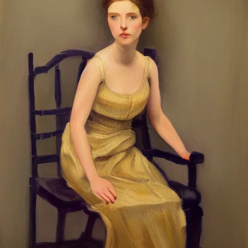 Prompt: a painting of a woman sitting on a chair, a character portrait by lydia field emmet, behance contest winner, figurative art, pre - raphaelite, studio portrait, photoillustration