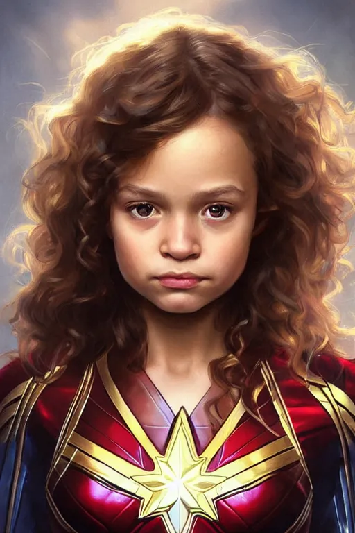 Image similar to a little girl with a michievous face and light brown curly wavy hair. she is dressed as captain marvel, wonder woman, captain america, a superhero. clean elegant painting, beautiful detailed face. by artgerm and greg rutkowski and alphonse mucha