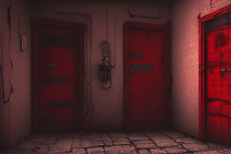 Image similar to boarded up padlocked red door, in a basement, chains across door, forbidden creepy mood, game art matte painting hyperdetailed, artstation, cgsociety, 8 k, surreal dream landscape