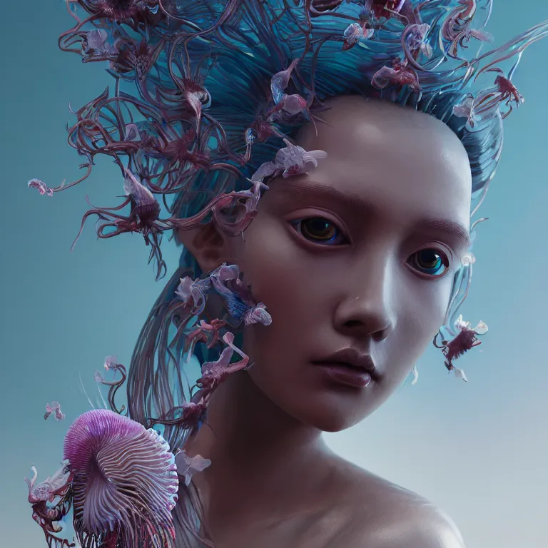 Image similar to goddess full painted acryllic sculpture close-up portrait. orchid bird phoenix jellyfish betta fish, intricate artwork by Tooth Wu and wlop and beeple. octane render, trending on artstation, greg rutkowski very coherent symmetrical artwork. cinematic, hyper realism, high detail, octane render, 8k