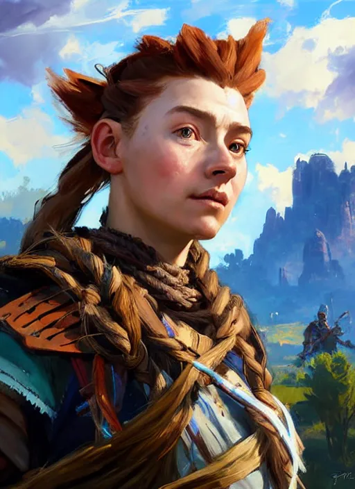 Prompt: portrait of a european Aloy from Horizon Zero Dawn in the style of League of Legends practicing, countryside, calm, fantasy character portrait, dynamic pose, above view, sunny day, thunder clouds in the sky, artwork by Jeremy Lipkin and Giuseppe Dangelico Pino and Michael Garmash and Rob Rey and Greg Manchess and Huang Guangjian, very coherent asymmetrical artwork, sharp edges, perfect face, simple form, 100mm