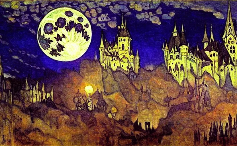 Image similar to oil painting by mikhail vrubel, full moon, french gothic burning! castle, bats flying away from castle, blur, bokeh,