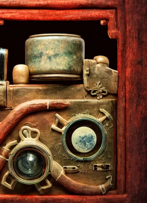 Prompt: enclosed ecosystem of ancient chinese myth lifeforms, animals, creatures, human, monster, delicious, vintage movie camera, in a jar, museum, frostbite 3 engine, portrait, 8 k post - processing, highly detailed