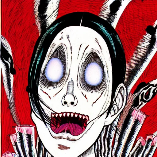 Prompt: a white girl withblack hair by junji ito, colored, realistic, horror