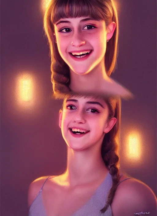 Image similar to portrait of teenage lili reinhart with bangs, smiling kindly, bangs, 1 9 6 0 s, ponytail, bangs and ponytail, intricate, elegant, glowing lights, highly detailed, digital painting, artstation, concept art, smooth, sharp focus, illustration, art by wlop, mars ravelo and greg rutkowski