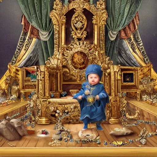 Image similar to a baby crawls away from a pile of jewels and toward a pile of coal in a throne room, detailed and realistic matte painting