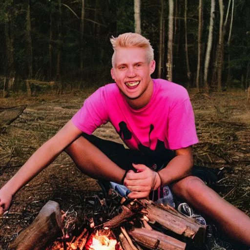 Prompt: flash photography polaroid of a young man with blonde hair sitting by a campfire nearby, smiling at the camera, wearing a pink t-shirt, retro 90s photograph, image artifacts