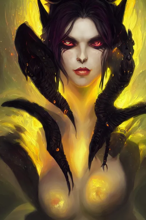 Image similar to portrait of female succubus with black hair and glowing yellow eyes and horns, dnd, fantasy, intricate, elegant, highly detailed, digital painting, artstation, concept art, smooth, sharp focus, illustration, art by narcisse navarre