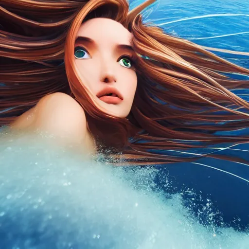 Prompt: selfie!!!!! of a woman with gorgeous hair flowing in the wind, in the middle of the ocean!!!!!, first - person view, fisheye!!!!! lens!!!!!, photorealistic image, trending on artstation, 4 k, 8 k