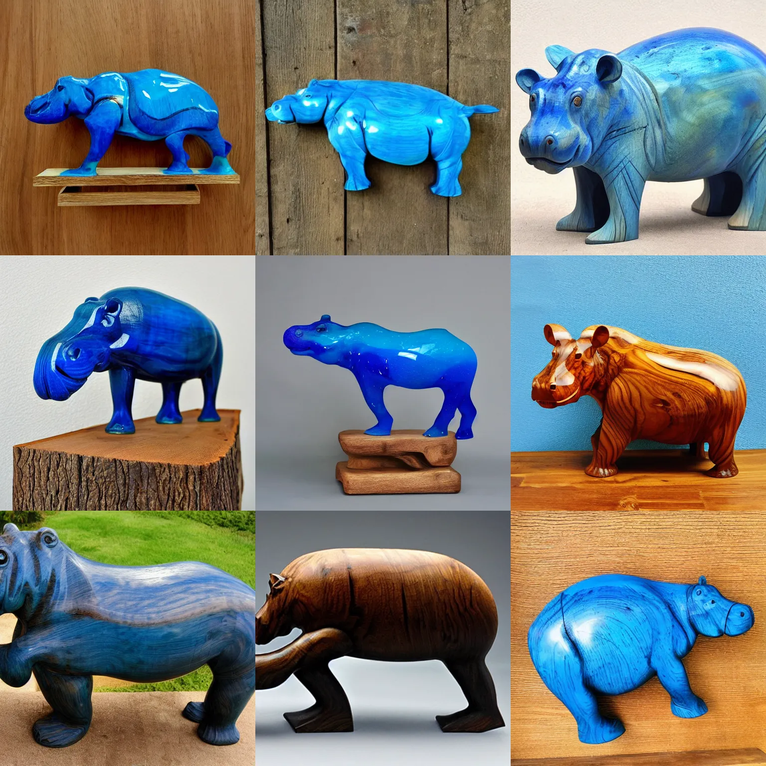 Prompt: hippopotamus, wood art, blue! epoxy resin, sculpture, wood carving, wood sculpture, wood art, wooden decoration, hand made, wooden hippo