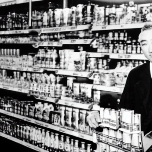 Prompt: photo of robert oppenheimer in the grocery store