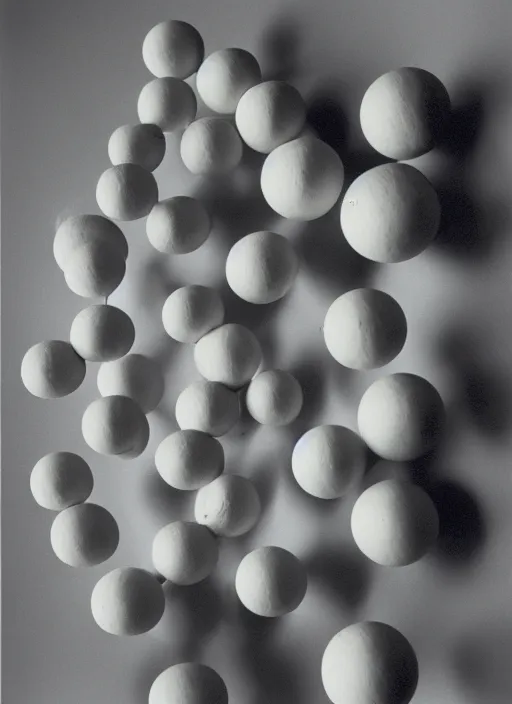 Prompt: realistic object photo of ping pong balls sculpture, eyeballs sculpture, black caviar cloud, readymade, dadaism, fluxus, man ray 1 9 9 0, life magazine photo