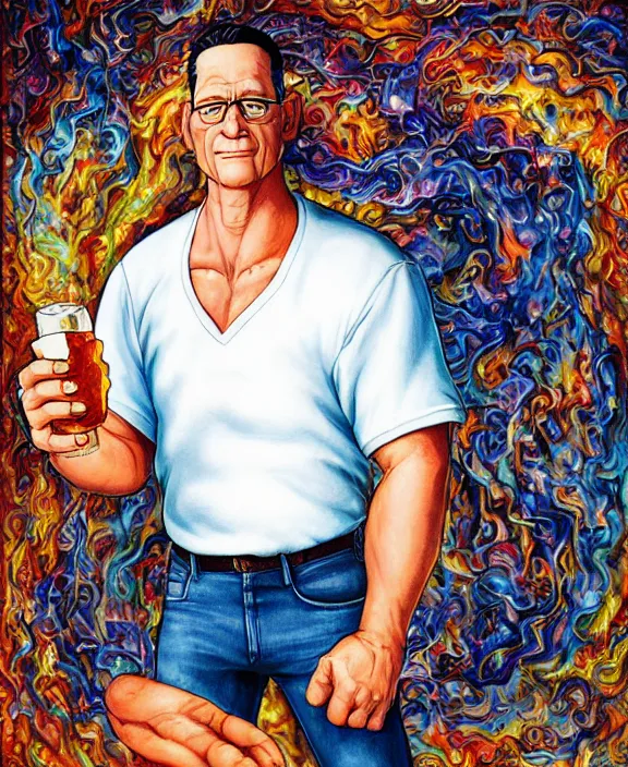 Image similar to hank hill wearing bluejeans and white tshirt, holding a beer, the god of propane, blue flames, propane tanks, magic realism, art by josephine wall, art by mike judge, art by huang guangjian, art by viktoria gavrilenko, art by amanda sage, trending on artstation