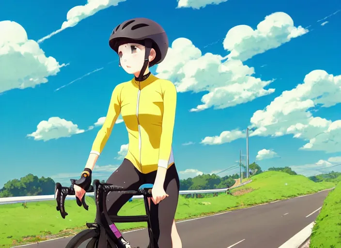 Image similar to portrait of cute girl riding road bike, sunny sky background, lush landscape, illustration concept art anime key visual trending pixiv fanbox by wlop and greg rutkowski and makoto shinkai and studio ghibli and kyoto animation, symmetrical facial features, sports clothing, yellow helmet, nike cycling suit, backlit, aerodynamic carbon frame