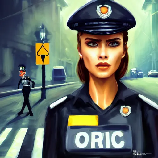 Prompt: concept art, elegant, smooth, artstation, portrait, traffic police woman, in street, latina, mexico