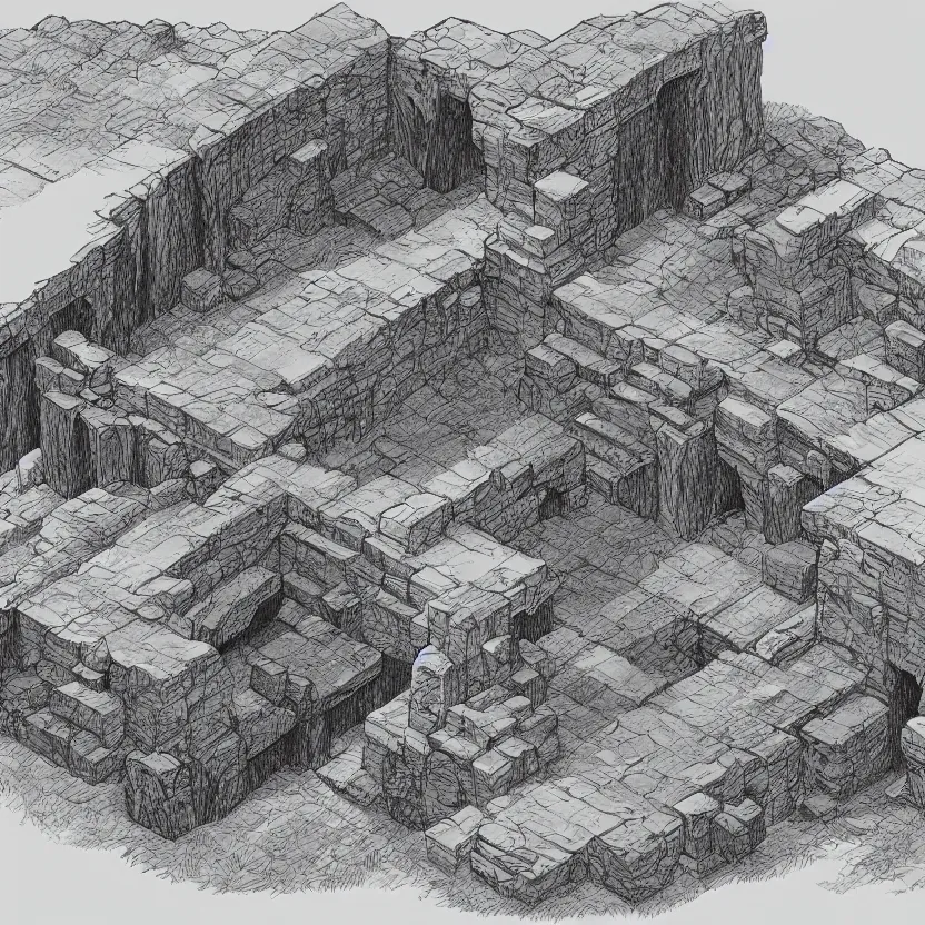 Image similar to isometric view of the outside of a cave, lineart