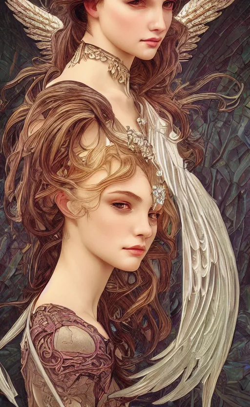 Image similar to a photograpic portrait of a pretty woman, angel, fantasy, intricate, elegant, highly detailed, digital painting, artstation, centered, concept art, smooth, sharp focus, arc, illustration, art by artgerm and h r giger and alphonse mucha