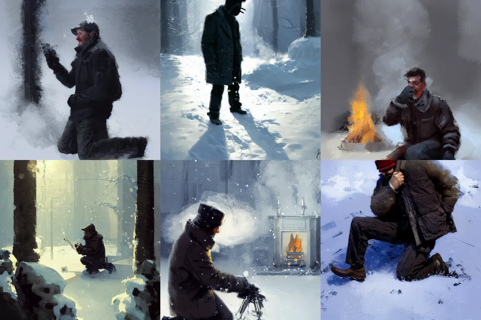 Prompt: man in winter clothes kneeling in the snow. Smoke pouring from his mouth. Smoke pouring from the unlit fireplace. Craig Mullins. Portrait. featured on artstation