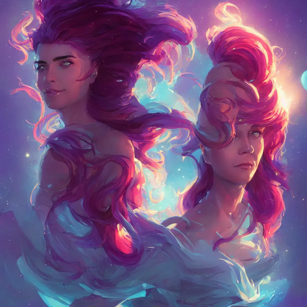 Image similar to portrait of beautiful woman with magical nebula hair, maya ali mage, gloomhaven, dynamic lighting, gaudy colors, octane render aesthetic, matte painting concept art, official fanart behance hd artstation by jesper ejsing, by rhads and makoto shinkai and lois van baarle and ilya kuvshinov and rossdraws