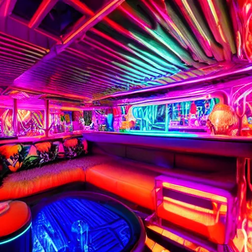 Image similar to architectural digest photo, inside dark and moody crowded futuristic neon tiki bar inside a yacht, tropical plants, blue lighting with small pastel orange and pink accent lights, crowd of cool people dancing