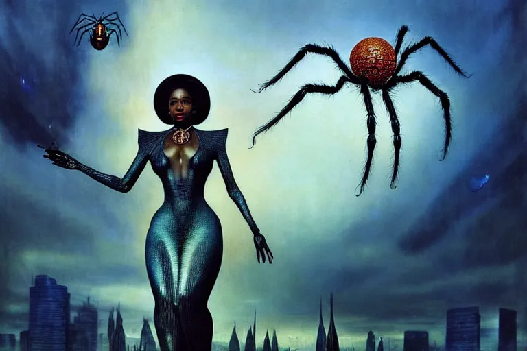 Image similar to realistic detailed photorealistic film portrait shot of a beautiful black woman with a giant spider, sci-fi city landscape background by Denis Villeneuve, Amano, Yves Tanguy, Alphonse Mucha, Ernst Haeckel, Max Ernst, Andrei Tarkovsky, Edward Robert Hughes, Roger Dean, necklace, dynamic pose, rich moody colours, wide angle, blue eyes